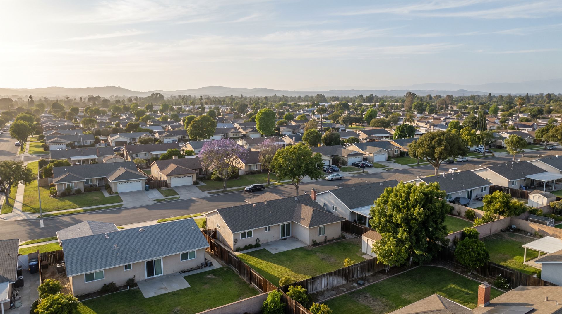 Conceptual aerial visualization of an established Orange County single-story neighborhood.